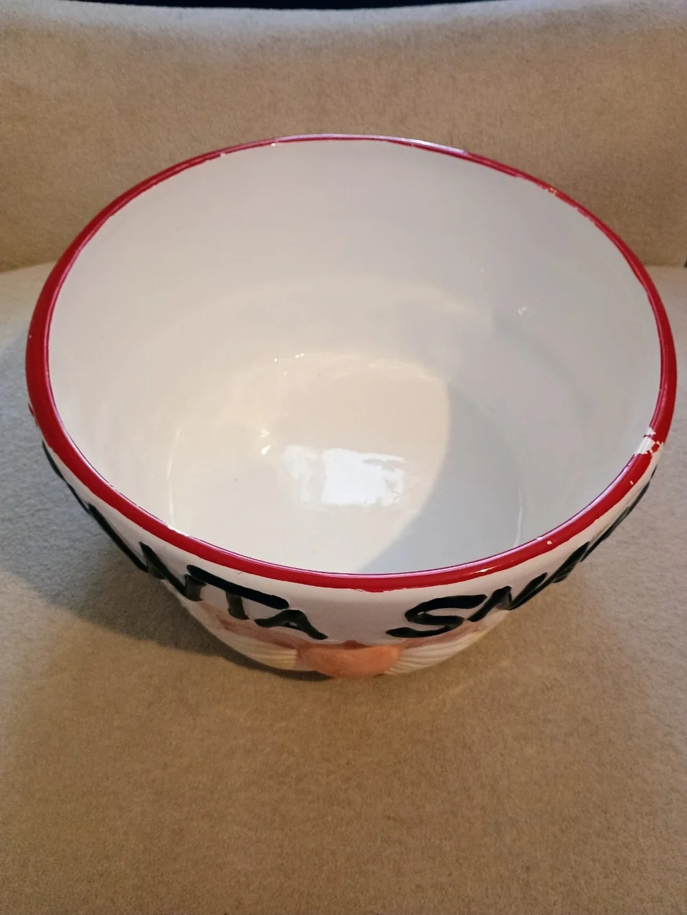 Santa Snacks Christmas Bowl Ceramic Glossy White Red Black Hand Wash